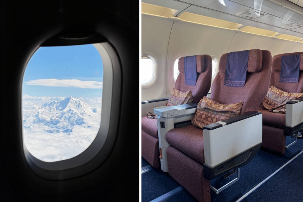 Business class on Royal Bhutan Airways, with view of Mount Everest