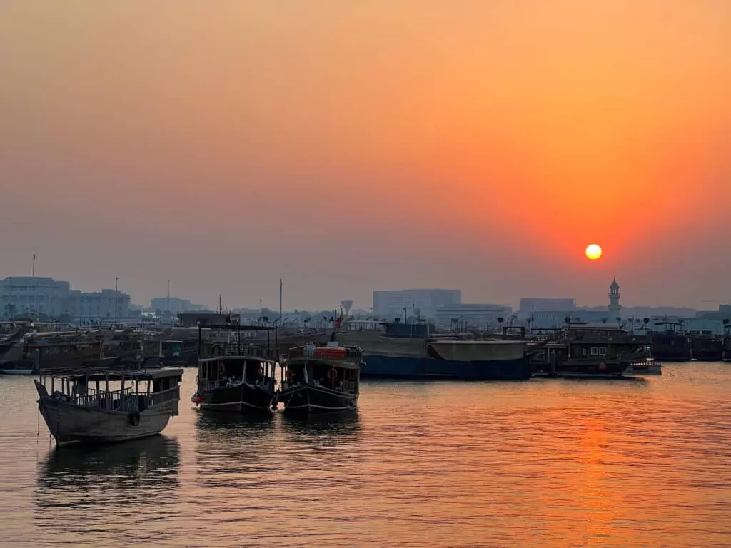 Dhow boats in Doha at sunset