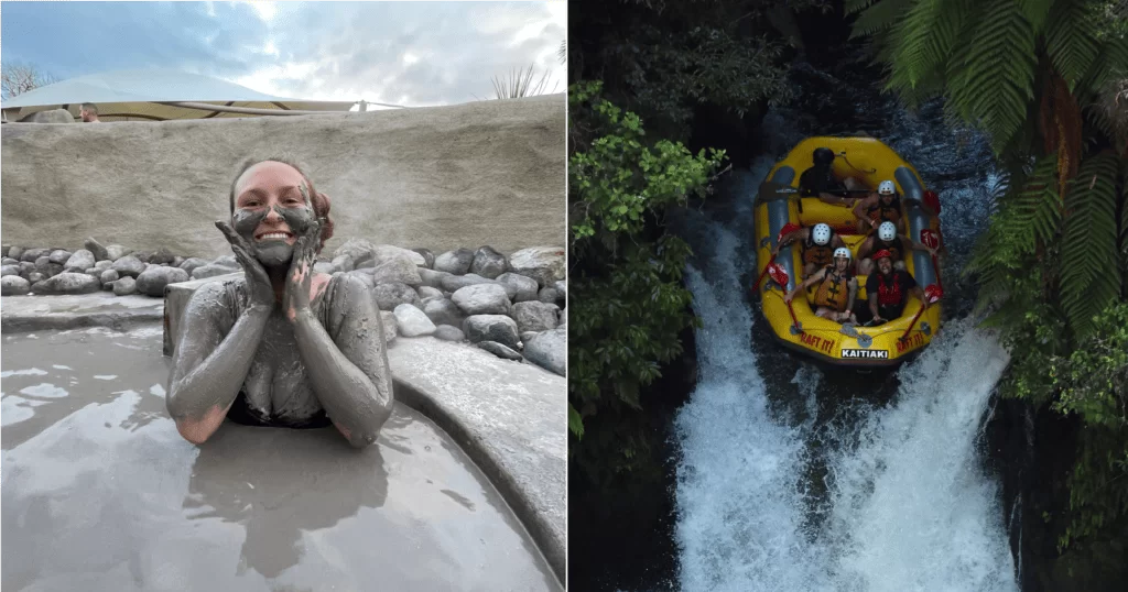 Rotorua Budget Feature, girl in mud bath next to a raft going over a waterfall